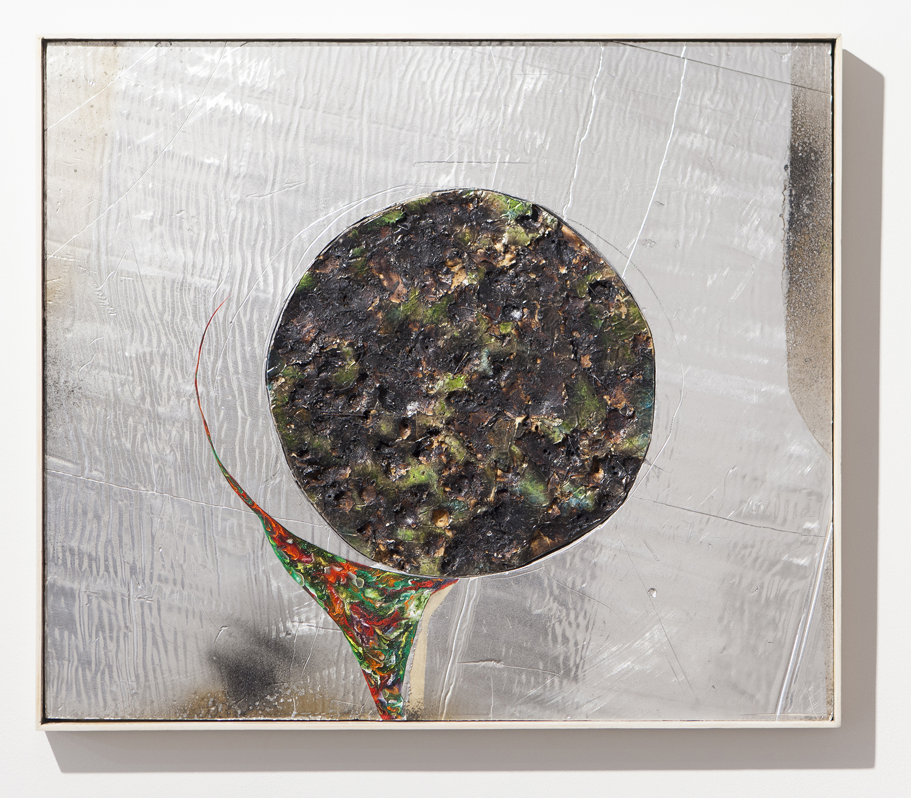 Davide_Zucco-05_That_pour_through_your_mouth_O_river_of_silver_O_river_of_flowers_2015_oil_paint_burns_steel_on_silver_faced_foam_panel
