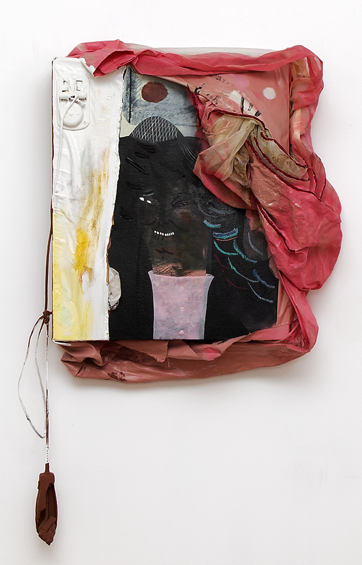 Kenny_Rivero-09_Lady_Lookin_2014_Oil_acrylic_enamel_crayon_doorbell_hair_clippers_window_curtain_and_color_pencil_and_canvas_on_panel_