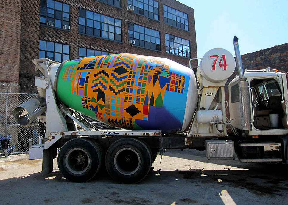 Andrea_Bergart-15_Kente_Mix_2013_Oil_on_Cement_Truck_Barrel