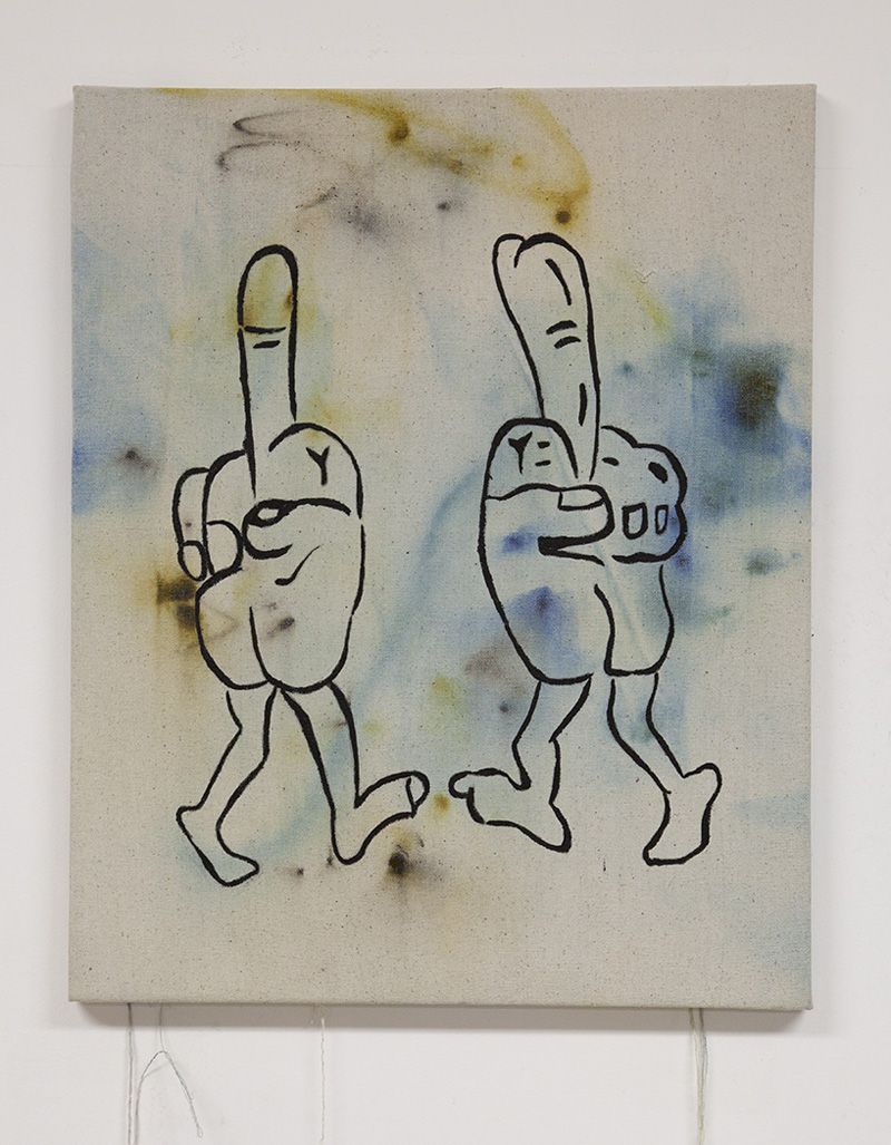One Finger Salute, 2013, oil and smoke bomb on canvas, 20x16