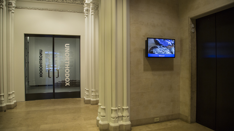 installation view of Bagel Direct, 2016 2-channel HD video installation dimensions variable