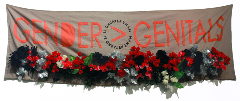 GENDER > GENITALS, 2012 Textile, faux flowers, acrylic textile paint 24 x 91 1/2”