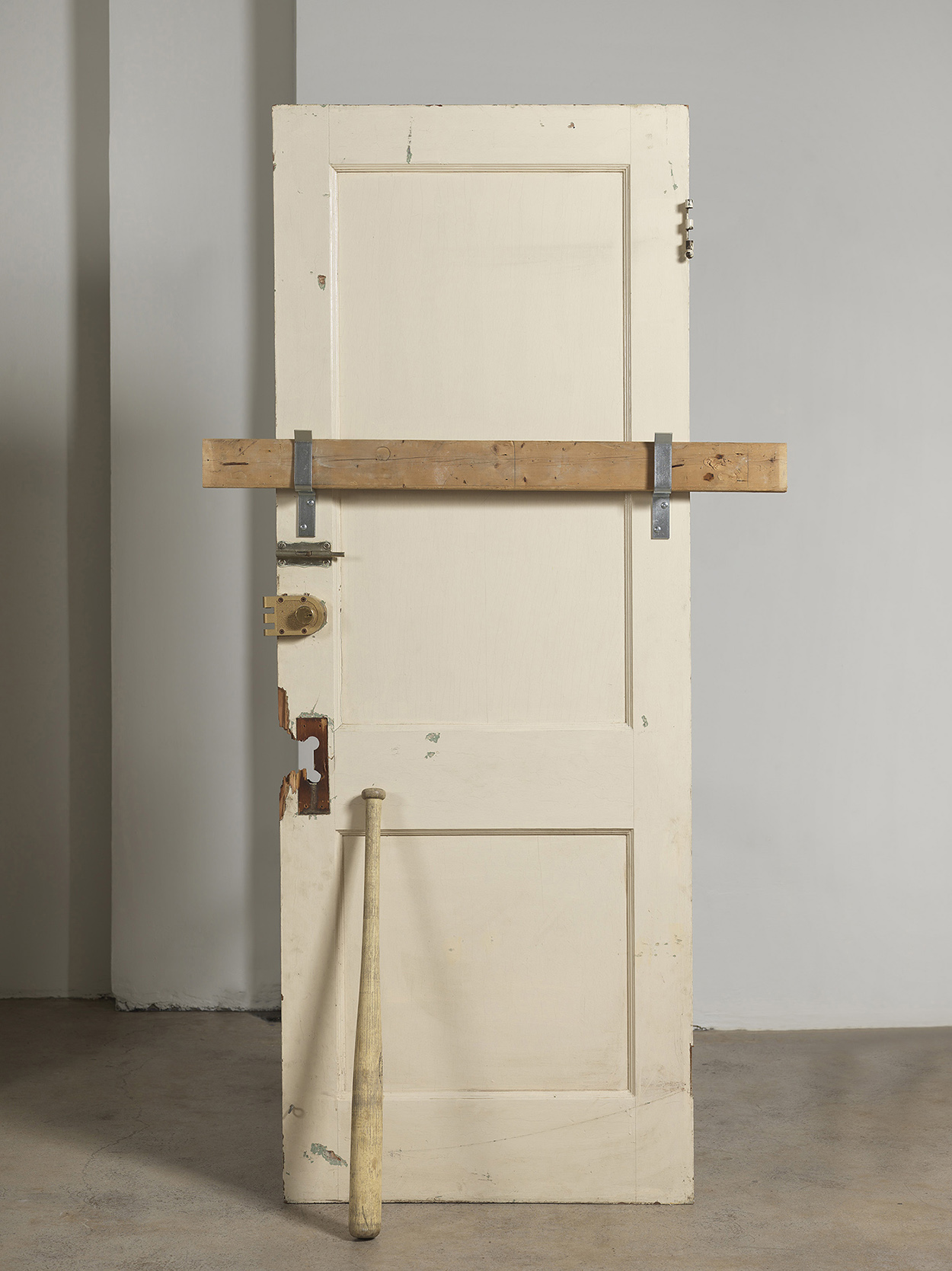 Entryways (2016) door with locks, bat, wood, 79 x 41 in