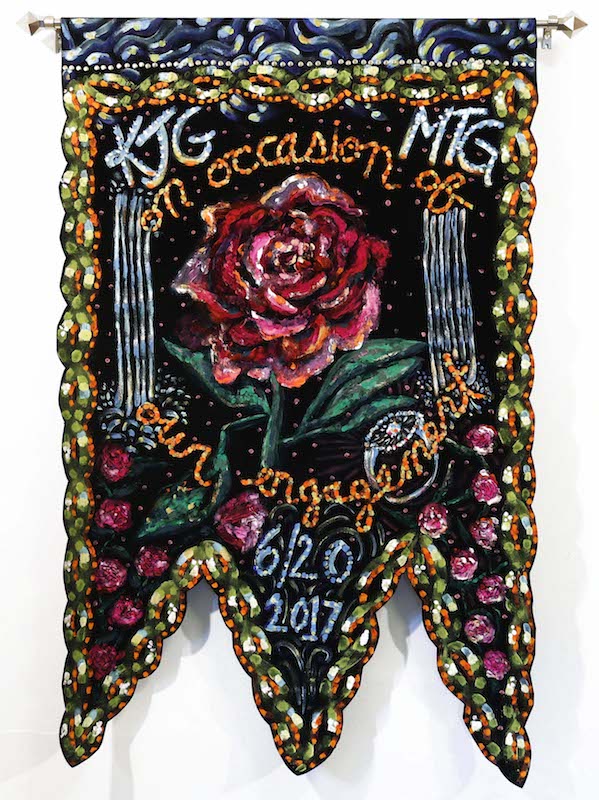 Commemorative Engagement Banner, 2017 Acrylic on velvet paper with brass fasteners 30” x 46” New Haven, CT