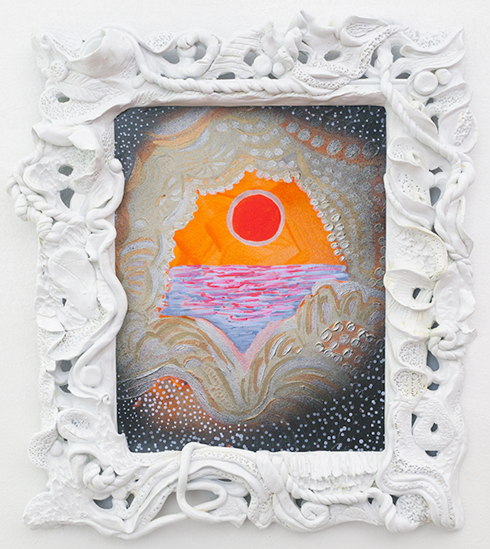 Somewhere Under the Sunrise, 2016 Acrylic, gouache, and spraypaint on paper with handmade one of a kind frame. Frame size variable, approx. 11.5” x 13.5” Drawing size: 7.75” x 9.5” Bucks County, Pennsylvania