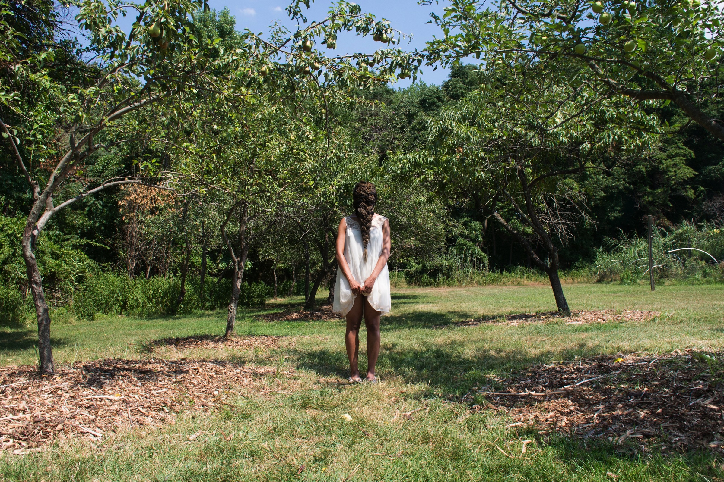 Dollbaby standing in the orchard at midday., 2015