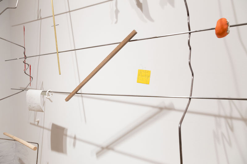 Shifting Points, 2016–17 Site-specific installation: metal, brass, clay, printed fabric, wood, household paint, radiograph pen drawing on yellow sticky note metal structure aprox: 100 x 87 x 17 inches // 254 x 221 x 43.2 cm
