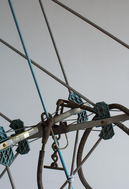 Detail of Untitled (a high frequency alternating current), 2016 Antennas, steel, leather coated steel cable, steel chain and polystyrene twine.  Variable