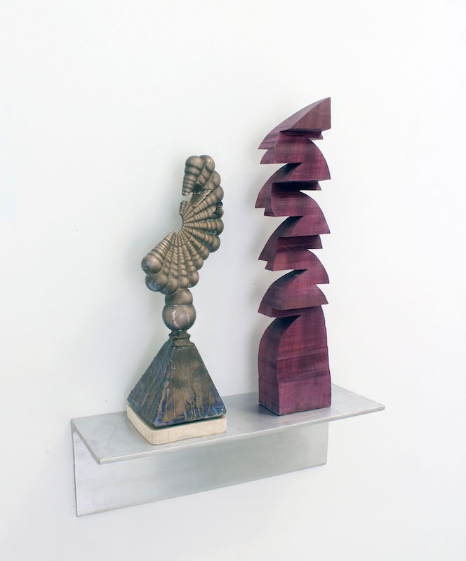 Sun and shade statues, 2017, bronze and purpleheart wood 20” 20” 6”