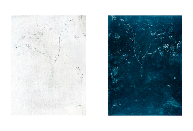 From the series: Ein Stück Zeit, 2012, left drypoint / right UV-print on glass, each 7.9 x 5.9 inches