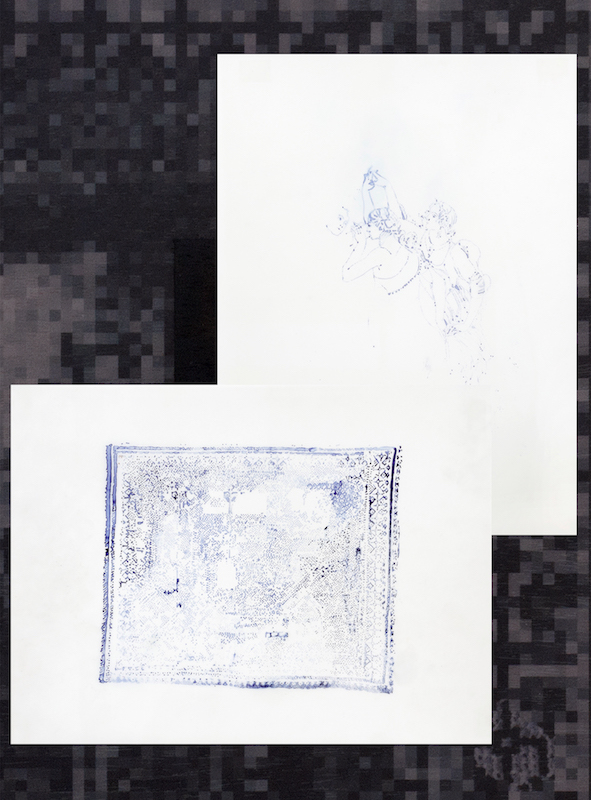Käthe I and II, 2014 and 2015, below UV-print and oil on wood / on top ink on translucent paper, below detail / on top 12 x 9 and 9 x 12 inches