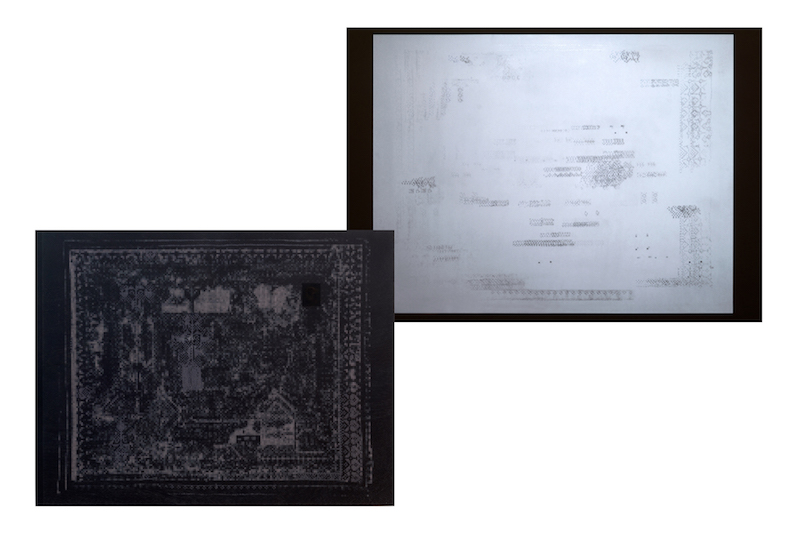 Käthe II and III, 2015, below steel and video projection on wall / on top UV-print and oil on wood, each 46 x 60 inches,