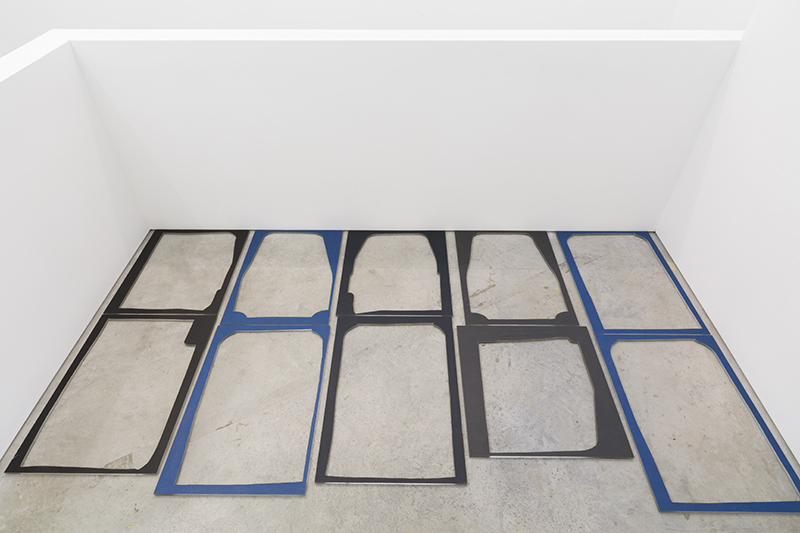 Surplus: Tropicana Grey No.103; Newport Cadet Blue No. 688; Oxen Black No. 001; Oxen Dark Blue No. 642; Oxen Gray No. 672. Detail, 2016  6 vinyl scraps procured from manufacturer (09/2015-11/2016) adhered to found plexi glass 3, 59” x 24” x 1/2” sets (each)  Sculpture Center installation of artist’s work