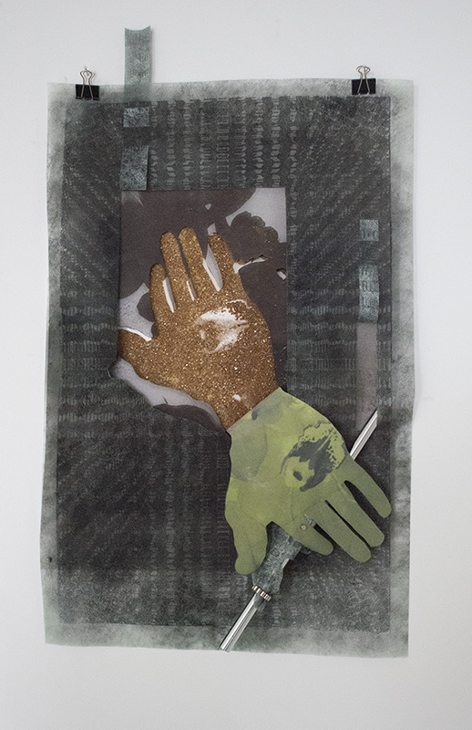 Hand over Fist, 2016. Relief and silkscreen prints. Acrylic ink, graphite and rock powder, mylar, landscape fabric, metal rod and magnets.  31 x 21 inches