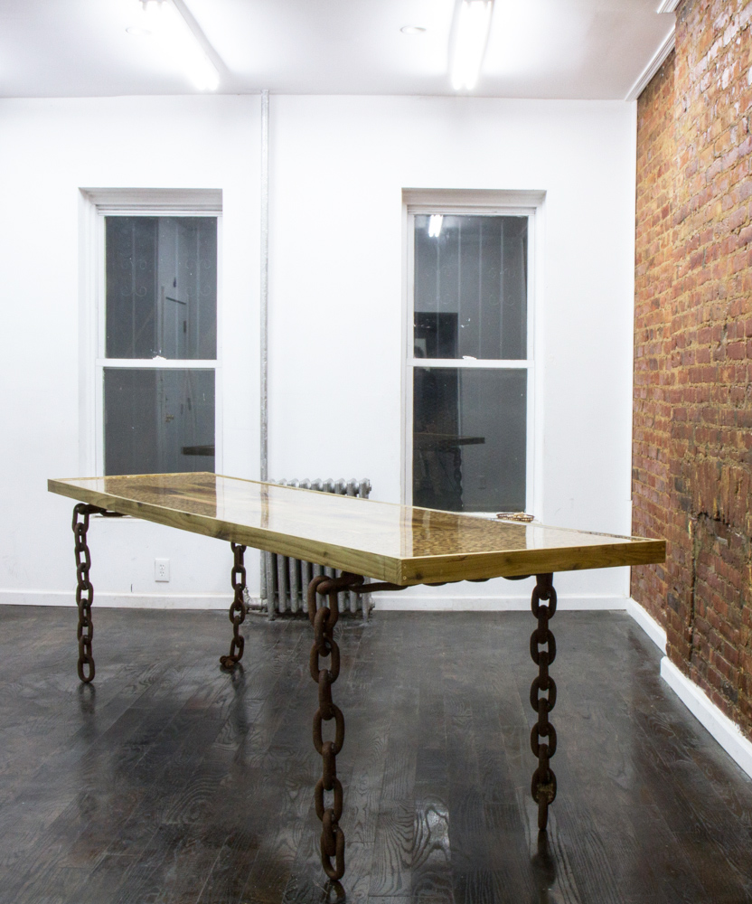 Dog With Fleas, Christening for a Cat, 2013 Peanuts, resin, reclaimed wood, hardware and anchor chain 120 x 28 x 32 inches / 304.8 x 71.1 x 81.28 cm Bed Stuy Love Affair, Brooklyn, New York