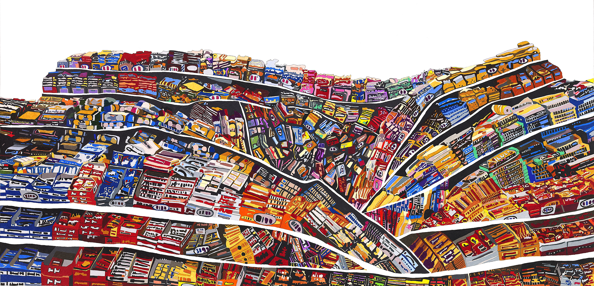 13. Supermarket Collapse, 2011, colored pencil on paper, 24” x 48”