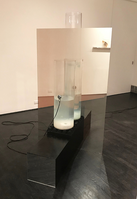 Recording of Rubbing Microphone on the Surface of the Glass, Glass, Glass from Leg, Mirror, Salt Water, Decaying fruit, Tactile Transducers, Multi-Channel Amplifier, Computer, Audio Interface, Speaker Cable, Rubber 8 by 60 by 36 inches