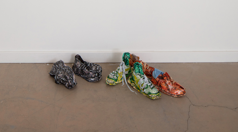 Installation view, SPREAD, Left Field, San Luis Obispo, CA (from L to R: Sophie’s Clogs, Marissa’s Studio Sneakers, Tommy’s dress shoes), 2017